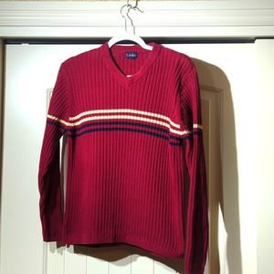 BKLE Red W/White and Navy Stripe Ribbed Cotton V-Neck Sweater Men's Size M